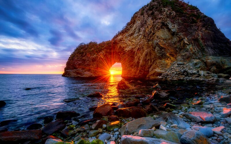 Rock Arch at Sunset — Blue, Dramatic, Photograph, Sea, Sky