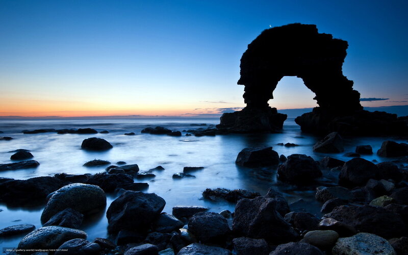 Rock Arch at Sunset — Blue, Serene, Photograph, Sea, Rocks, Moon
