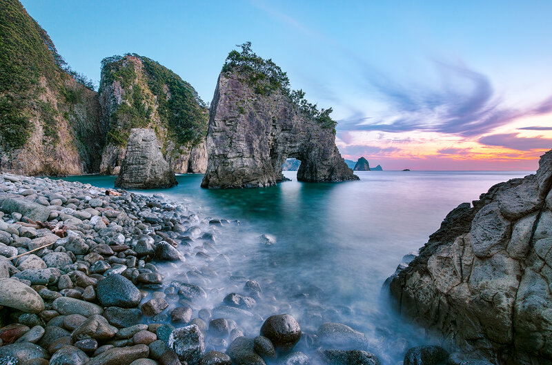Rock Arch at Sunset — Blue, Serene, Photograph, Sea, Rocks