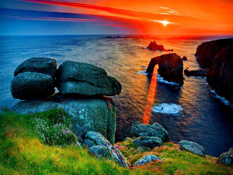 Rock Arch at Sunset — Orange, Dramatic, Photograph, Ocean, Cliffs, Flowers
