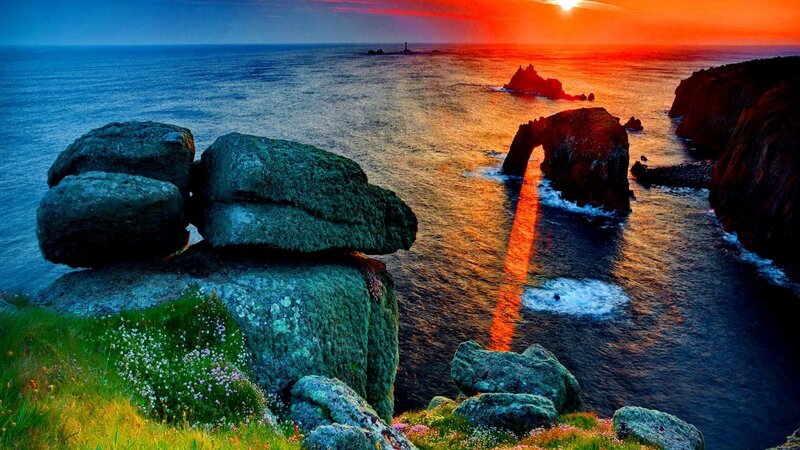 Rock Arch at Sunset — Orange, Dramatic, Photograph, Ocean, Cliffs, Lighthouse