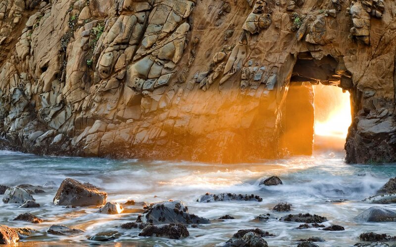 Rock Arch at Sunset — Orange, Dramatic, Photograph, Ocean, Rocks