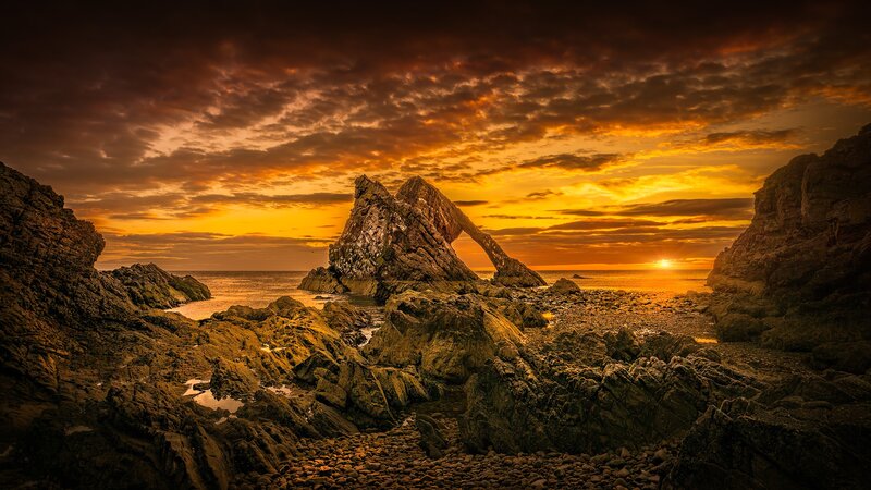 Rock Arch at Sunset — Orange, Dramatic, Photograph, Ocean, Sky, Rocks