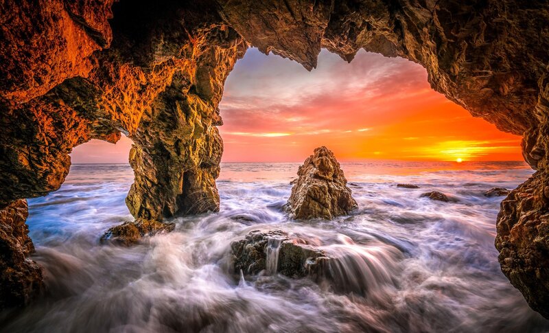 Rock Arch at Sunset — Orange, Dramatic, Photograph, Ocean, Sun