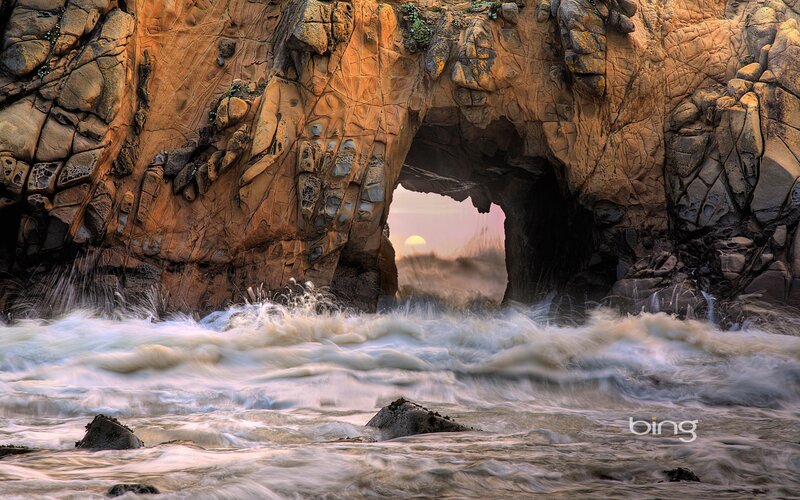 Rock Arch at Sunset — Orange, Dramatic, Photograph, Ocean Waves, Rocks