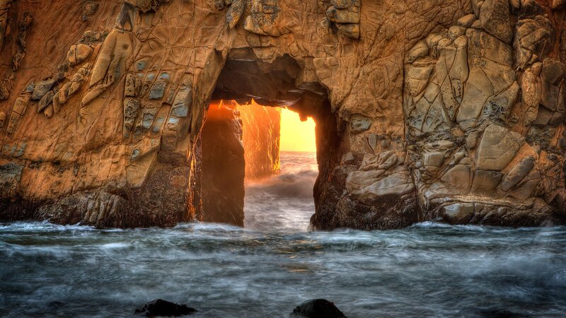 Rock Arch at Sunset — Orange, Dramatic, Photograph, Ocean, Waves, Sun