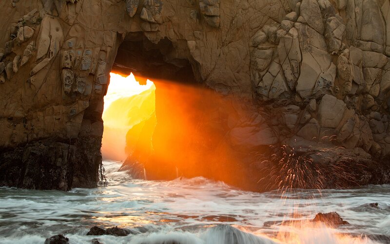Rock Arch at Sunset — Orange, Dramatic, Photograph, Ocean, Waves, Sunlight, Brown