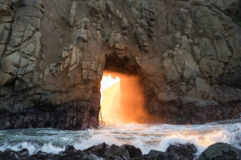 Rock Arch at Sunset — Orange, Dramatic, Photograph, Ocean, Waves, Sunlight