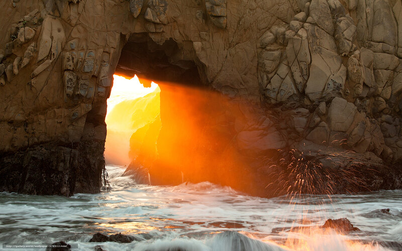 Rock Arch at Sunset — Orange, Dramatic, Photograph, Ocean Waves