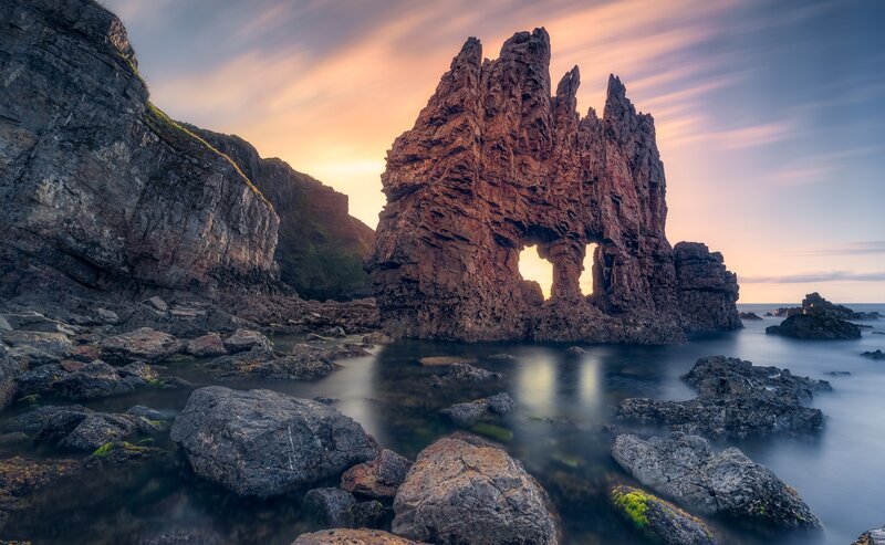 Rock Arch at Sunset — Orange, Dramatic, Photograph, Sea, Rocks