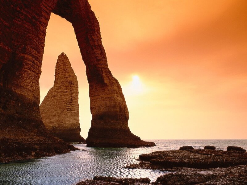Rock Arch at Sunset — Orange, Dramatic, Photograph, Sea, Sky