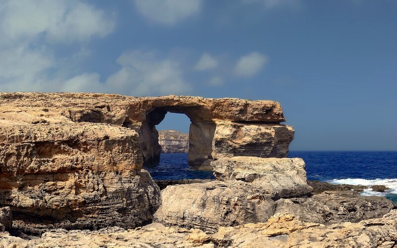 Rock Arch Formation — Blue, Dramatic, Afternoon, Photograph, Ocean, Sky, Cliffs