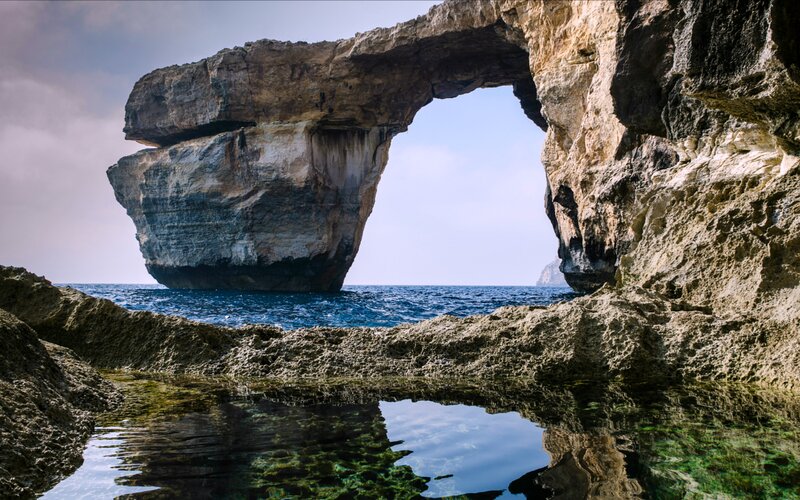 Rock Arch Formation — Blue, Dramatic, Afternoon, Photograph, Ocean, Sky, Pool