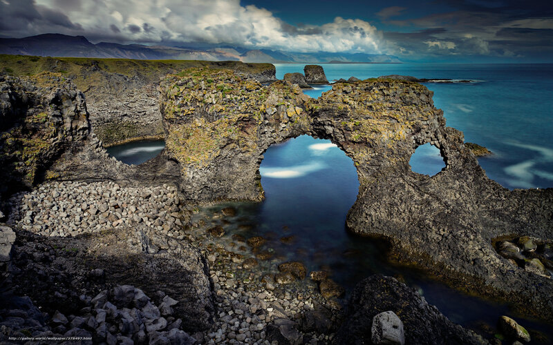 Rock Arch Formation — Blue, Dramatic, Photograph, Ocean, Mountains, Sky