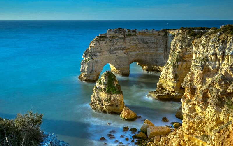 Rock Arch Formation — Blue, Serene, Afternoon, Photograph, Ocean, Cliffs, Sea Stack