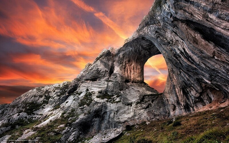 Rock Arch Formation — Orange, Dramatic, Sunset, Photograph, Mountain