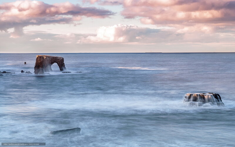 Rock Arch in Ocean — Blue, Serene, Sunset, Photograph, Clouds