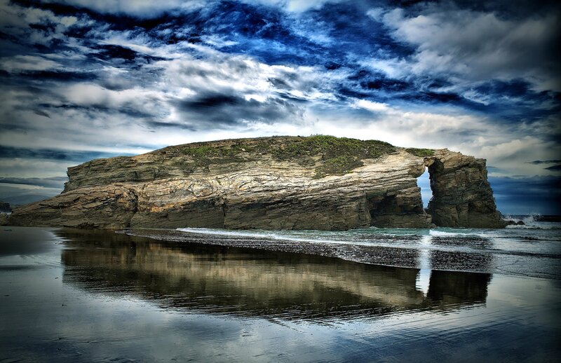 Rock Arch on Beach — Blue, Dramatic, Photograph, Ocean
