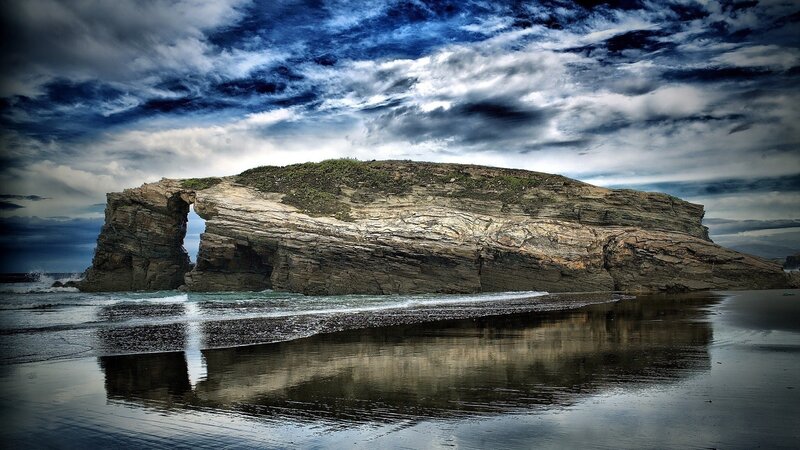 Rock Arch on Beach — Blue, Dramatic, Photograph, Sea