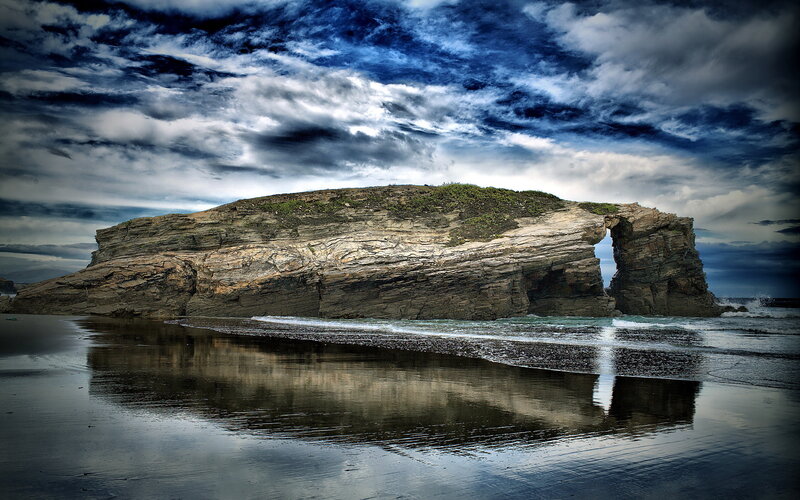 Rock Arch on Beach — Blue, Dramatic, Photograph