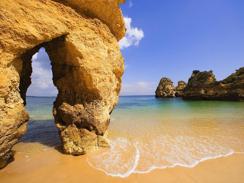 Rock Arch on Beach — Blue, Serene, Afternoon, Photograph, Sea