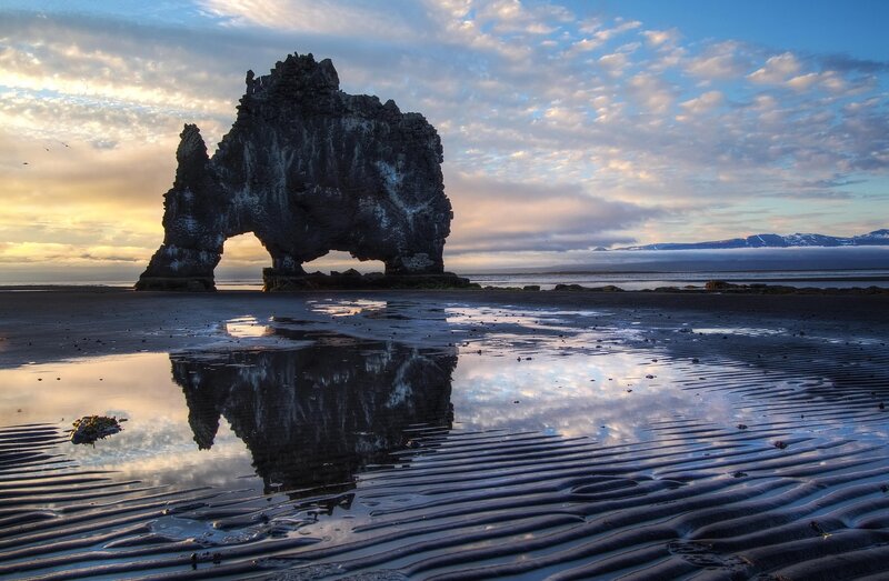 Rock Arch on Beach — Blue, Serene, Sunset, Photograph