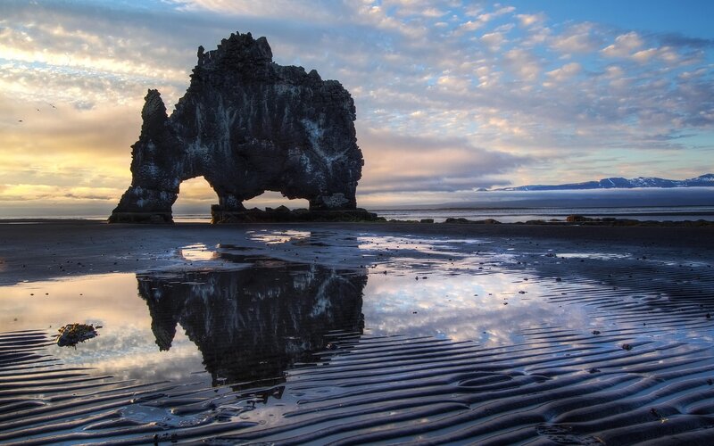 Rock Arch on Beach — Blue, Serene, Sunset