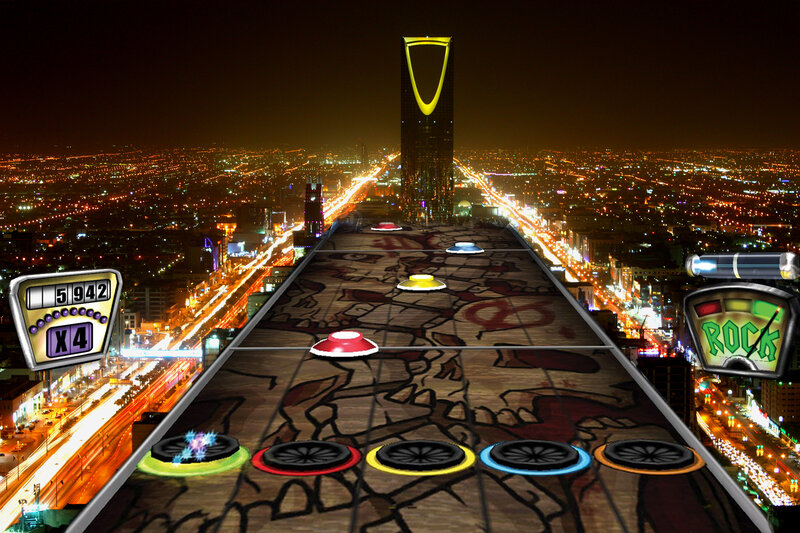 Rock band game with city view