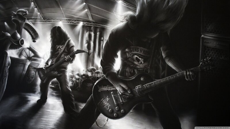 Rock Band Performing on Stage — Black, Dramatic, Night, Digital Art, Guitarists