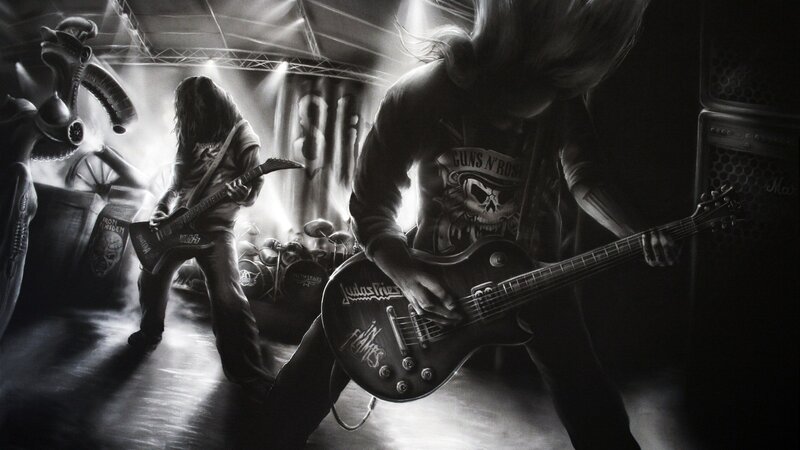 Rock Band Performing on Stage — Black, Dramatic