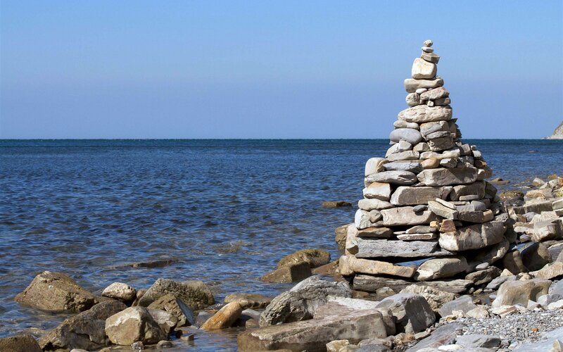 Rock Cairn on Beach — Blue, Serene
