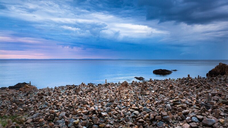 Rock Cairns on Beach — Blue, Dramatic, Sunset