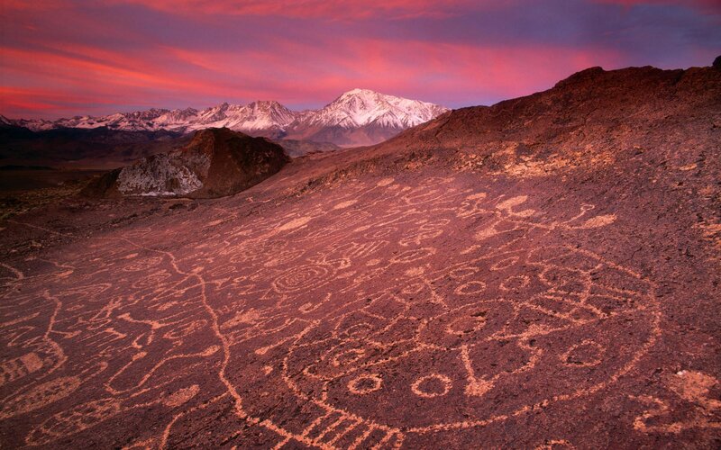 Rock Carvings on Hillside — Red, Dramatic, Sunset