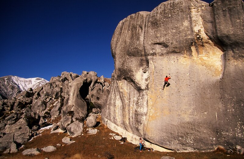 Rock climbing in a mountainous landscape