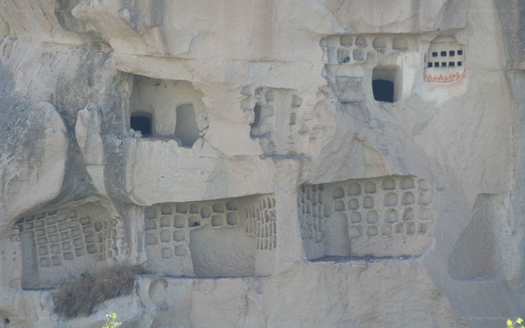 rock-cut dwellings in a cliff