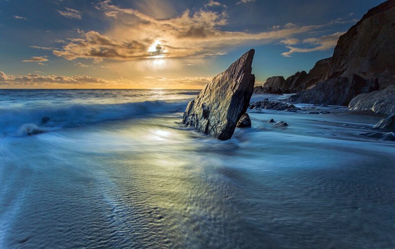 Rock Formation at Sunset — Blue, Dramatic, Photograph, Ocean, Cliffs