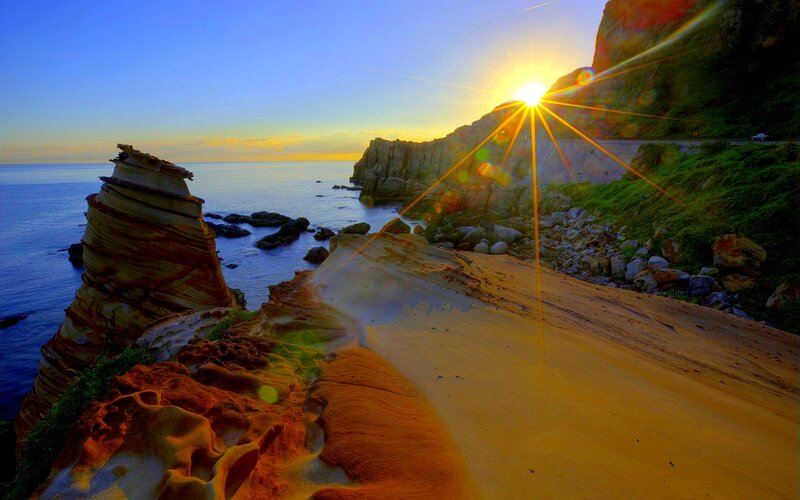 Rock Formation at Sunset — Blue, Dramatic, Photograph, Ocean, Sun