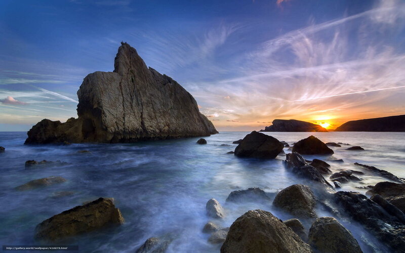 Rock Formation at Sunset — Blue, Serene, Photograph, Sea, Sky