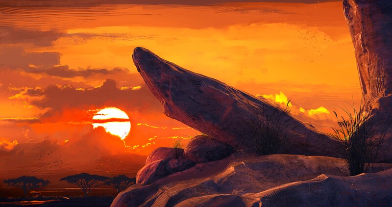 Rock Formation at Sunset — Orange, Dramatic, Digital Art, Sun, Sky