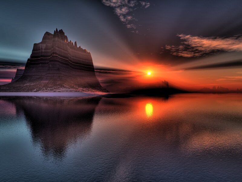 Rock Formation at Sunset — Orange, Dramatic, Digital Art, Sun