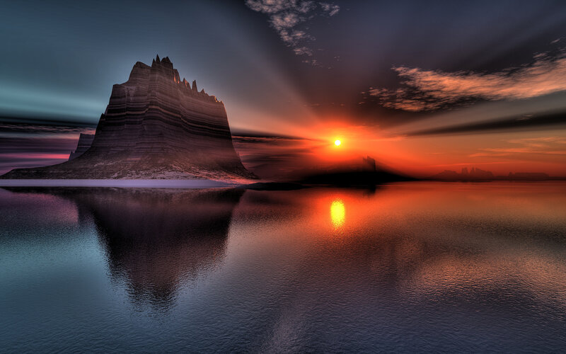 Rock Formation at Sunset — Orange, Dramatic, Digital Art, Sun, Water