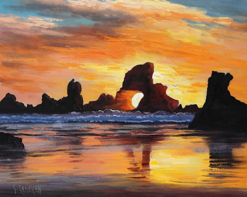 Rock Formation at Sunset — Orange, Dramatic, Painting