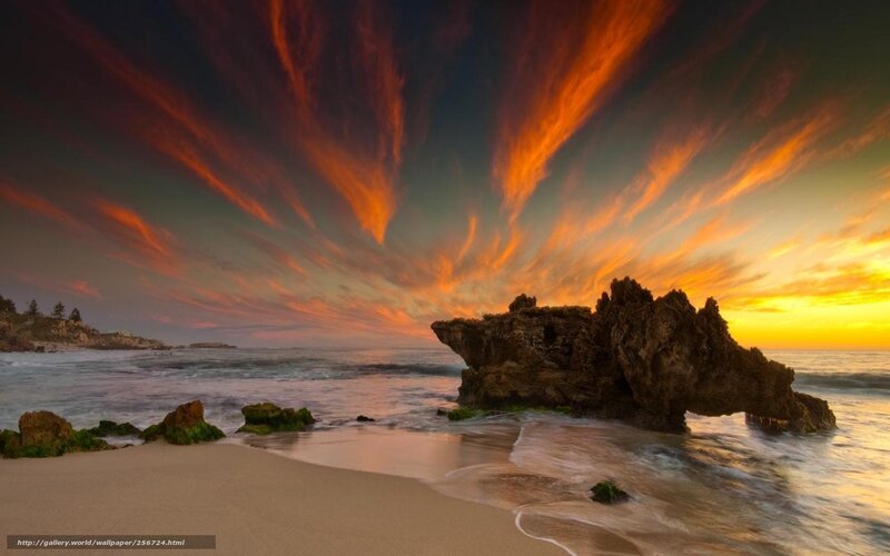 Rock Formation at Sunset — Orange, Dramatic, Photograph, Beach
