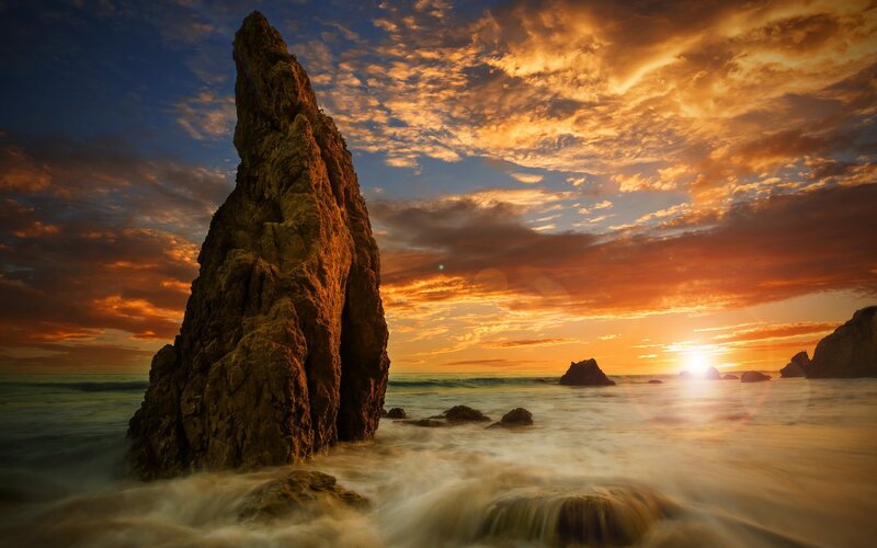 Rock Formation at Sunset — Orange, Dramatic, Photograph, Ocean, Clouds