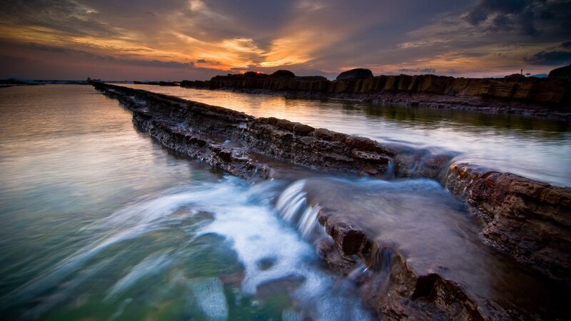 Rock Formation at Sunset — Orange, Dramatic, Photograph, Ocean, Sky