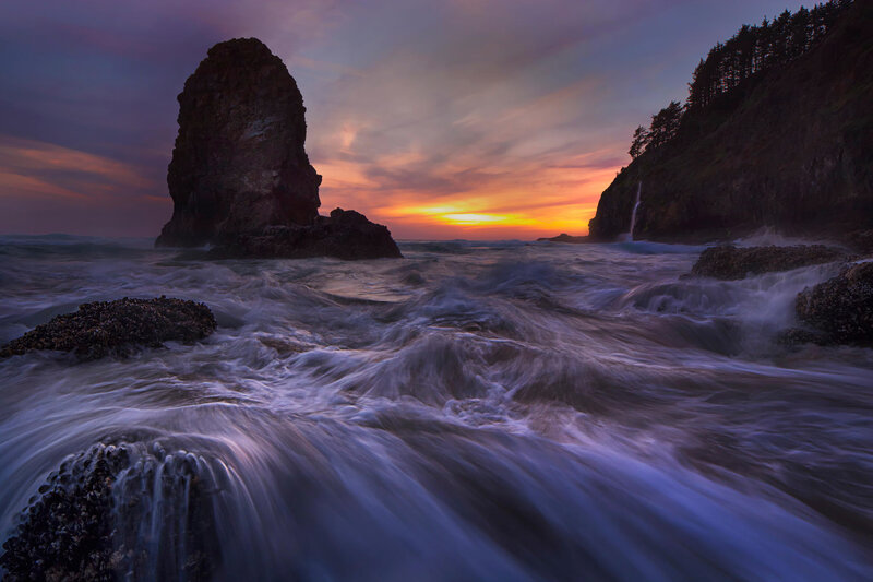 Rock Formation at Sunset — Orange, Dramatic, Photograph, Ocean Waves, Cliff