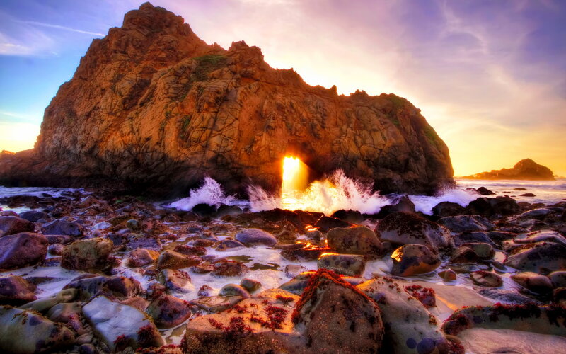 Rock Formation at Sunset — Orange, Dramatic, Photograph, Ocean, Waves, Sky