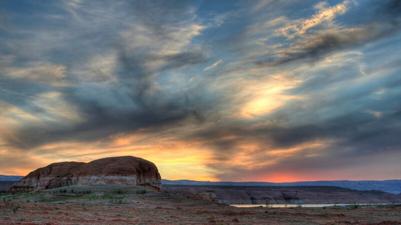 Rock Formation at Sunset — Orange, Dramatic, Photograph, Sky, Clouds, Water