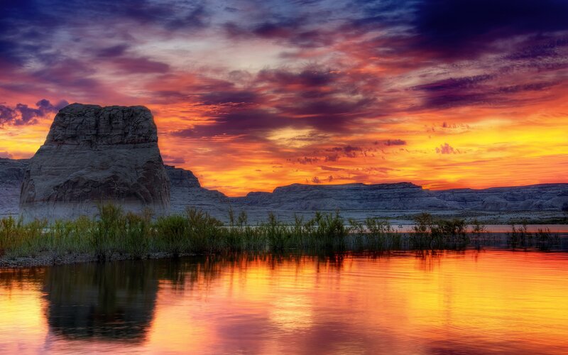 Rock Formation at Sunset — Orange, Dramatic, Photograph, Sky, Water
