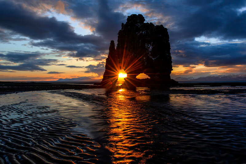 Rock Formation at Sunset — Orange, Dramatic, Photograph, Sun, Clouds, Beach
